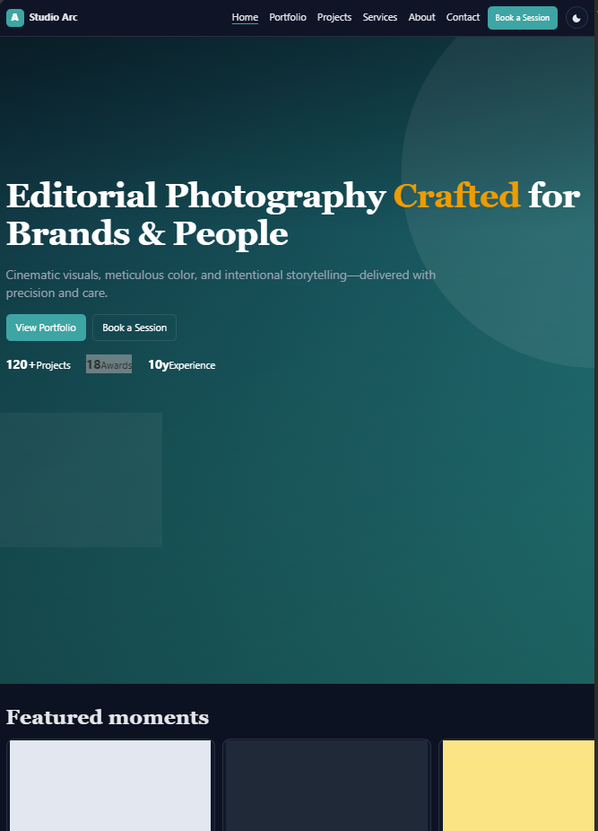 Studio Arc creative photography website template homepage with modern hero and portfolio preview