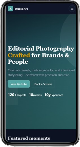 Mobile friendly photography portfolio website design from Studio Arc template