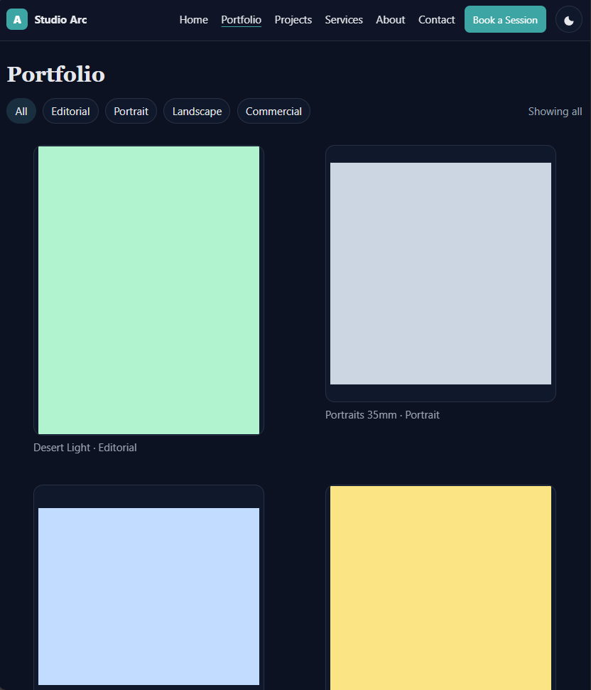 Responsive photography portfolio gallery with filterable projects in Studio Arc template