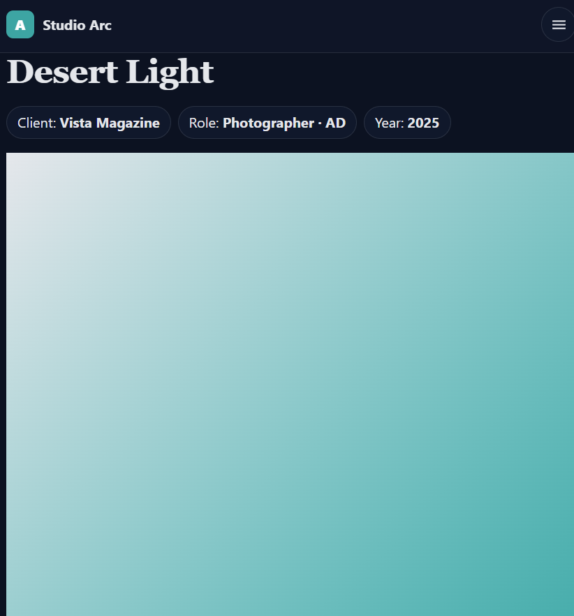 Photography project detail page with slideshow and captions from Studio Arc template