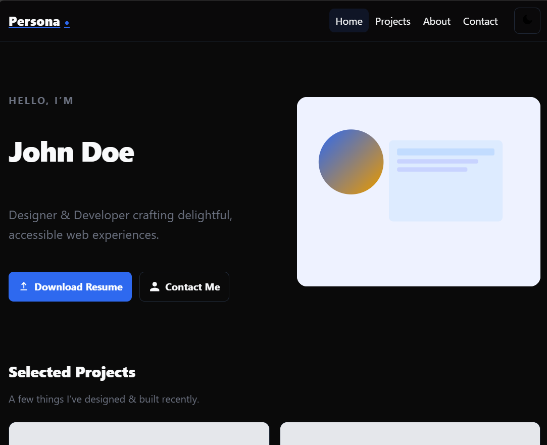 Persona portfolio template homepage with modern hero section and clean design
