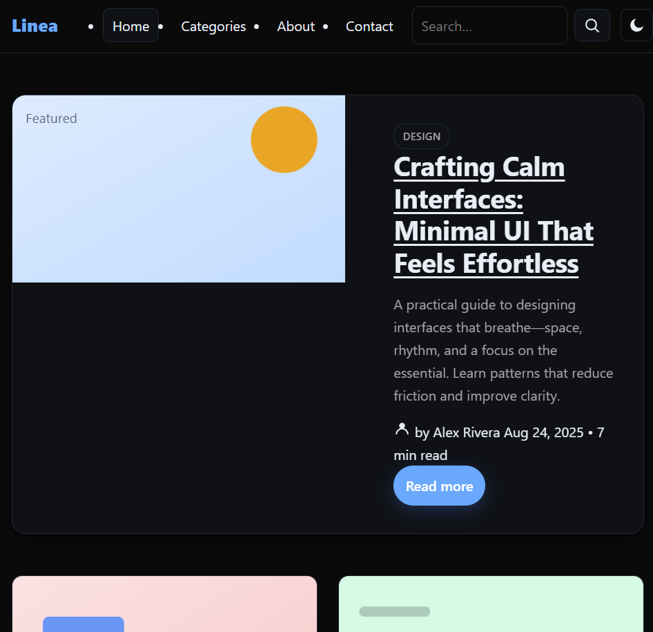 Linea landing page template hero section with headline, subheading, and call-to-action