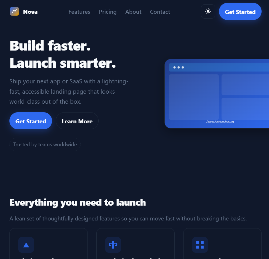 Nova blog template homepage with featured posts and modern clean design