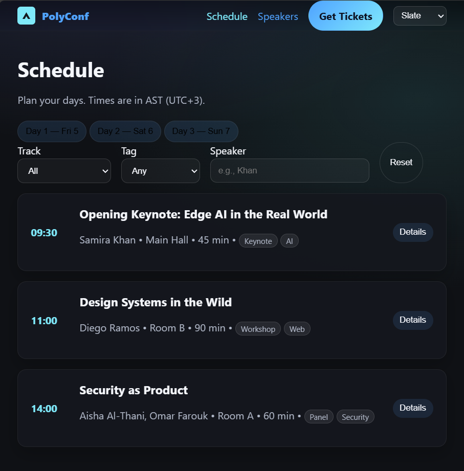 Conference schedule page with day filters and session details from PolyConf template