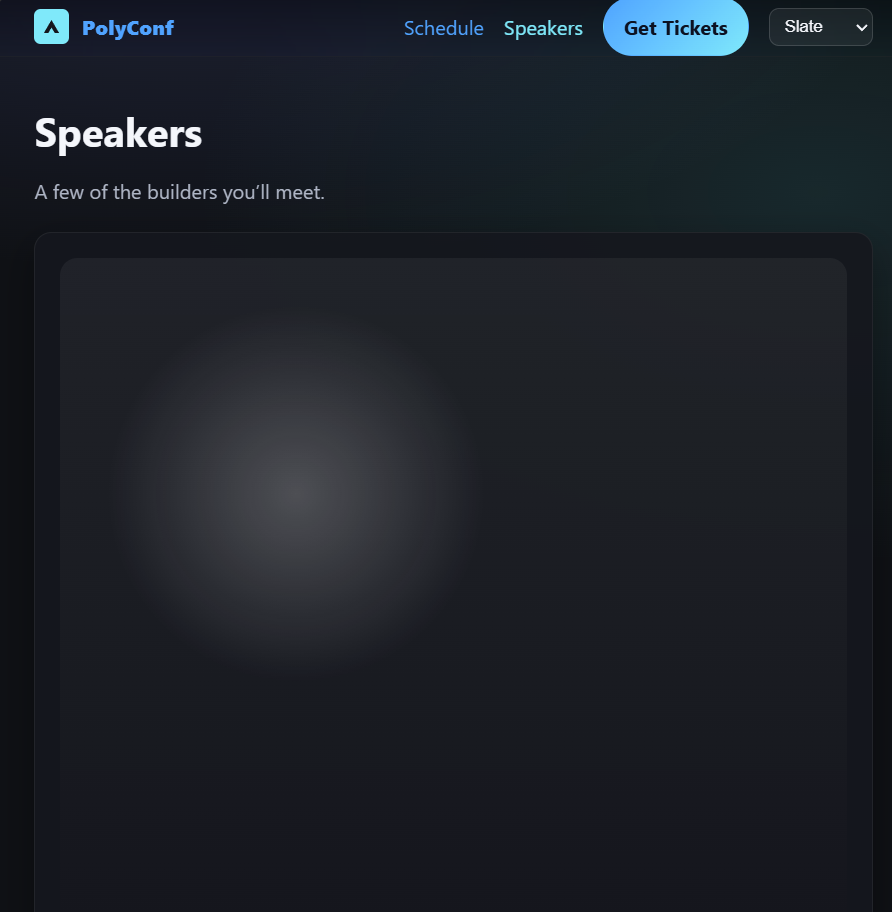 PolyConf event website speakers directory with profiles and modal bios