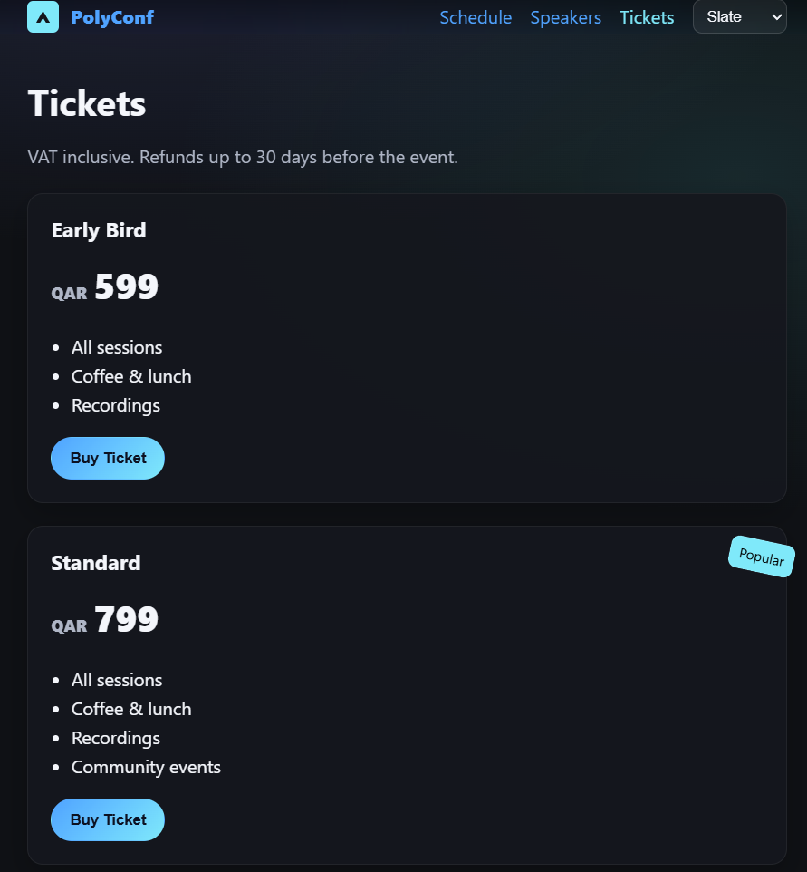 Conference ticket pricing tiers and FAQ accordion in PolyConf website template