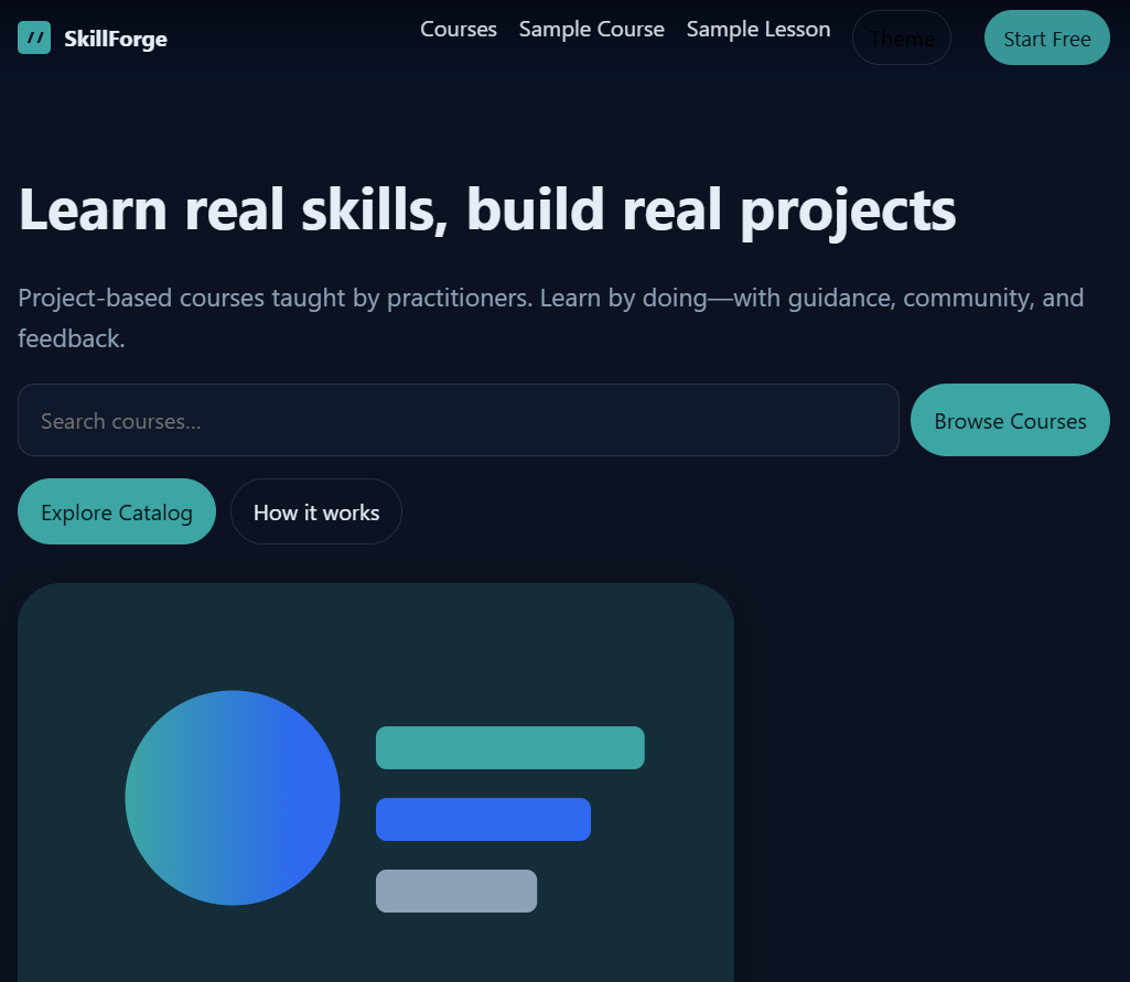 SkillForge online course website template homepage with featured courses and categories