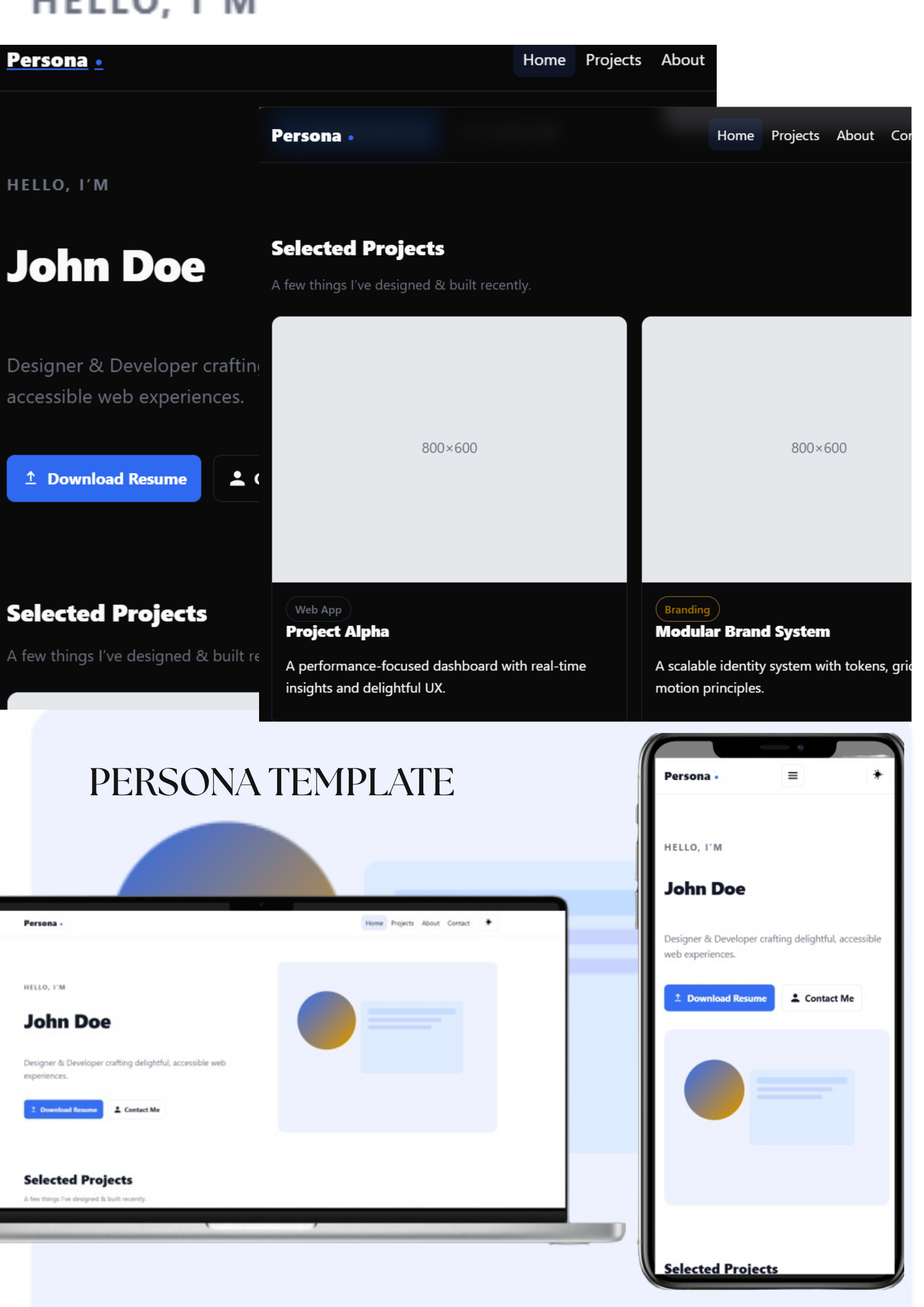Persona portfolio template homepage with modern hero section and clean design