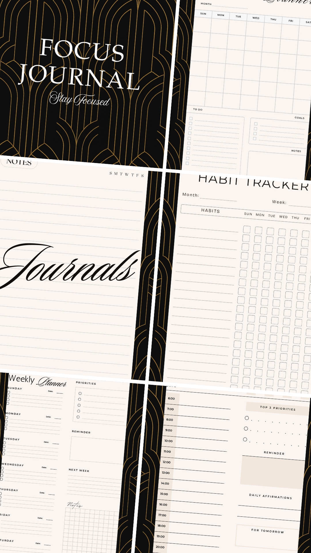Digital planner PDF with daily, weekly, monthly pages, habit tracker, notes, and to-do lists, designed for productivity and organization