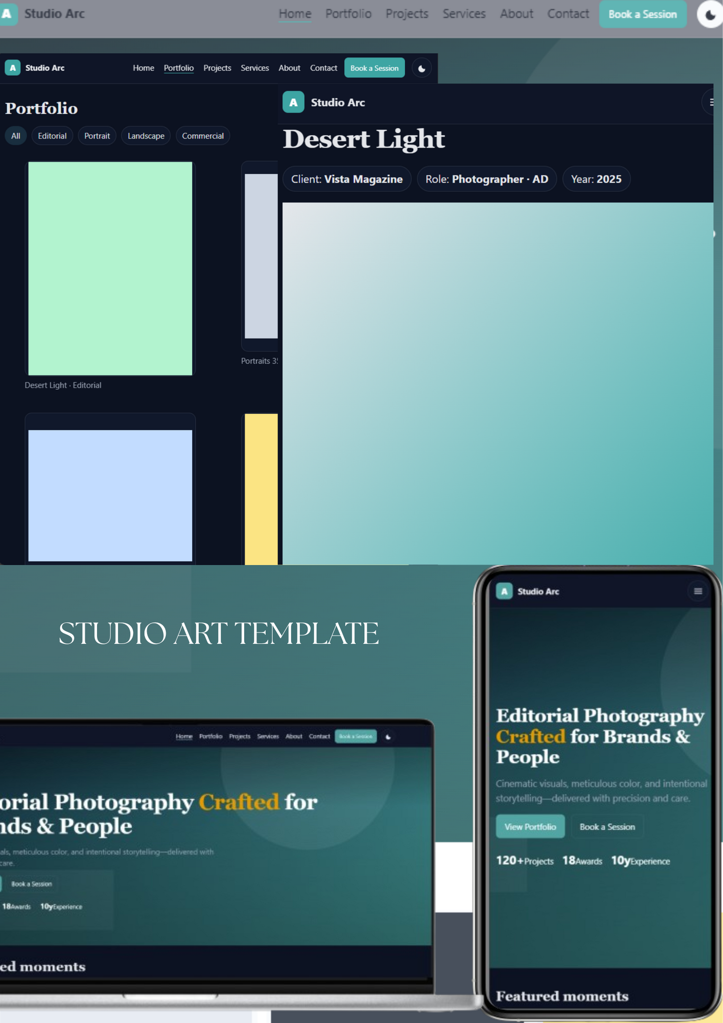 Studio Arc creative photography website template homepage with modern hero and portfolio preview