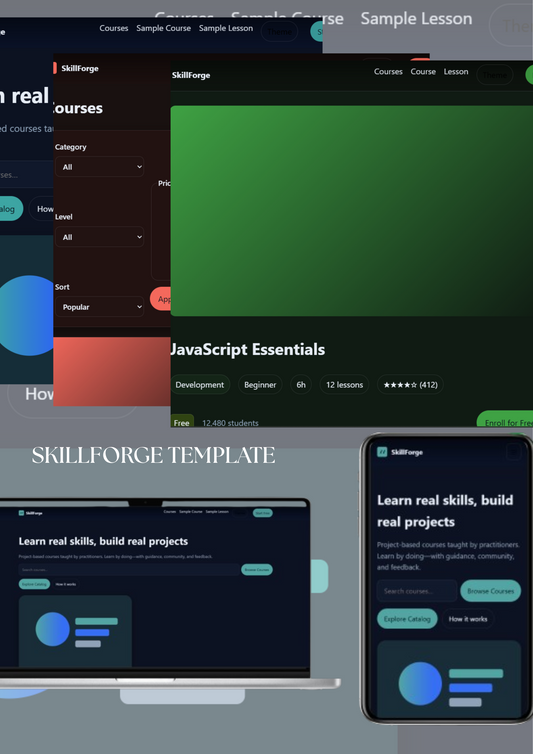 SkillForge online course website template homepage with featured courses and categories