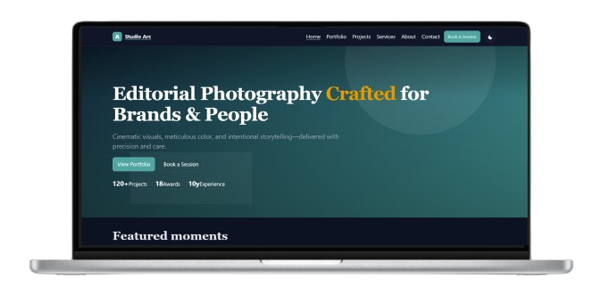 Studio Arc website template dark mode for creative studios and photographers