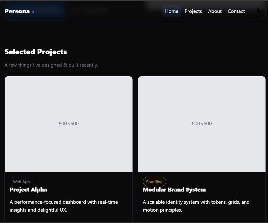 Responsive portfolio gallery with filterable project grid in Persona website template