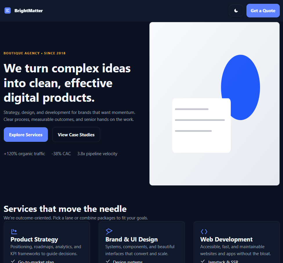 BrightMatter business website template homepage preview in modern design