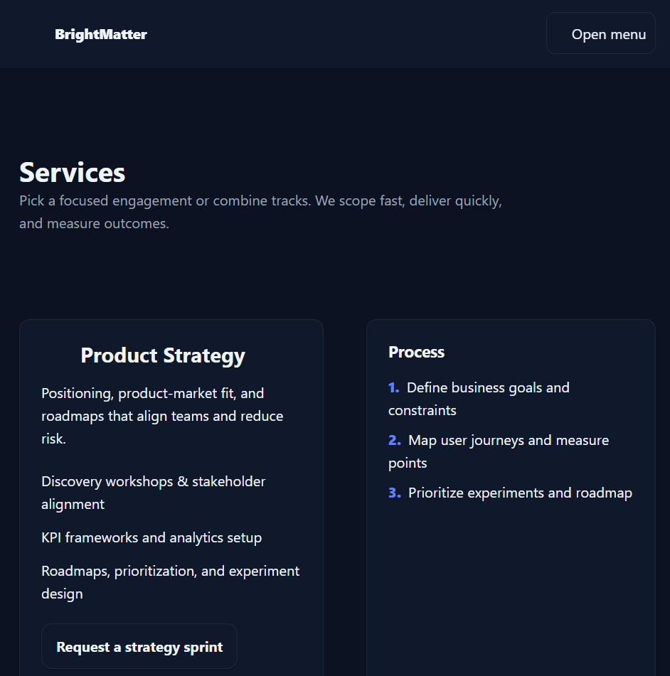 BrightMatter business website template homepage preview in modern design
