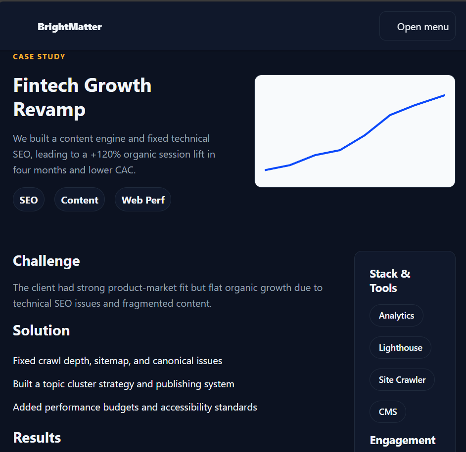 BrightMatter business website template homepage preview in modern design