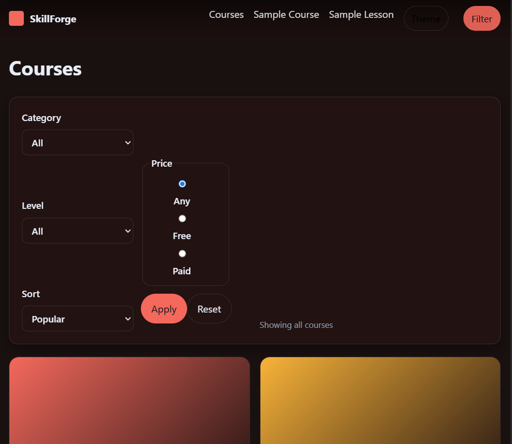 Responsive course catalog with filters by category, level, and price in SkillForge template
