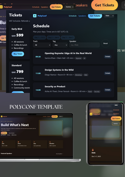 PolyConf responsive event website template homepage with countdown and sponsor logos