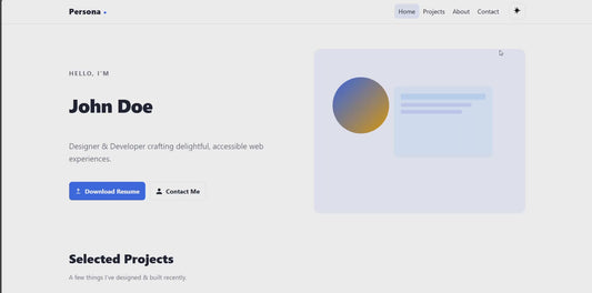 Persona portfolio template homepage with modern hero section and clean design