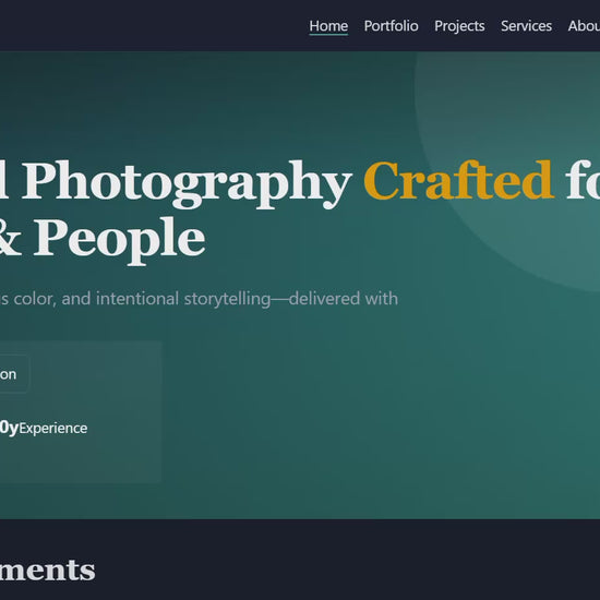 Studio Arc creative photography website template homepage with modern hero and portfolio preview