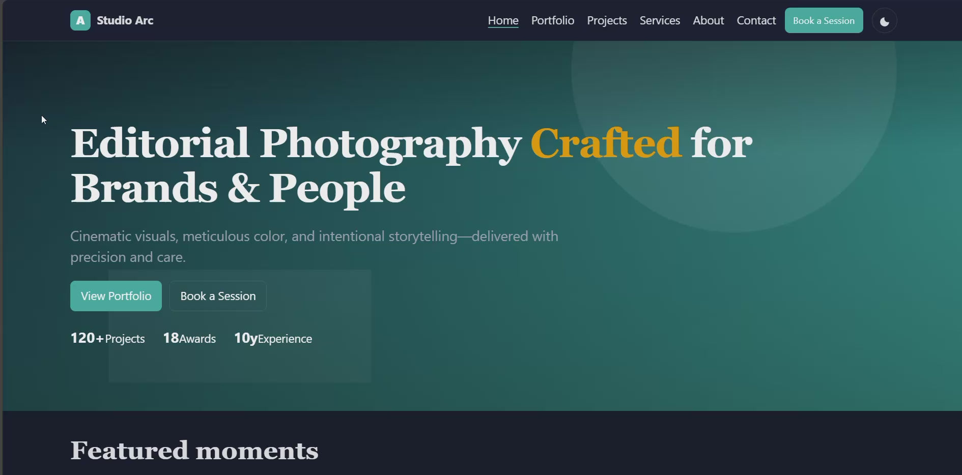 Studio Arc creative photography website template homepage with modern hero and portfolio preview
