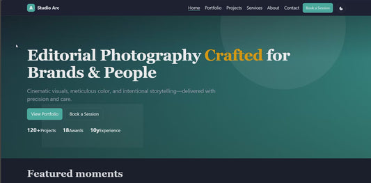 Studio Arc creative photography website template homepage with modern hero and portfolio preview
